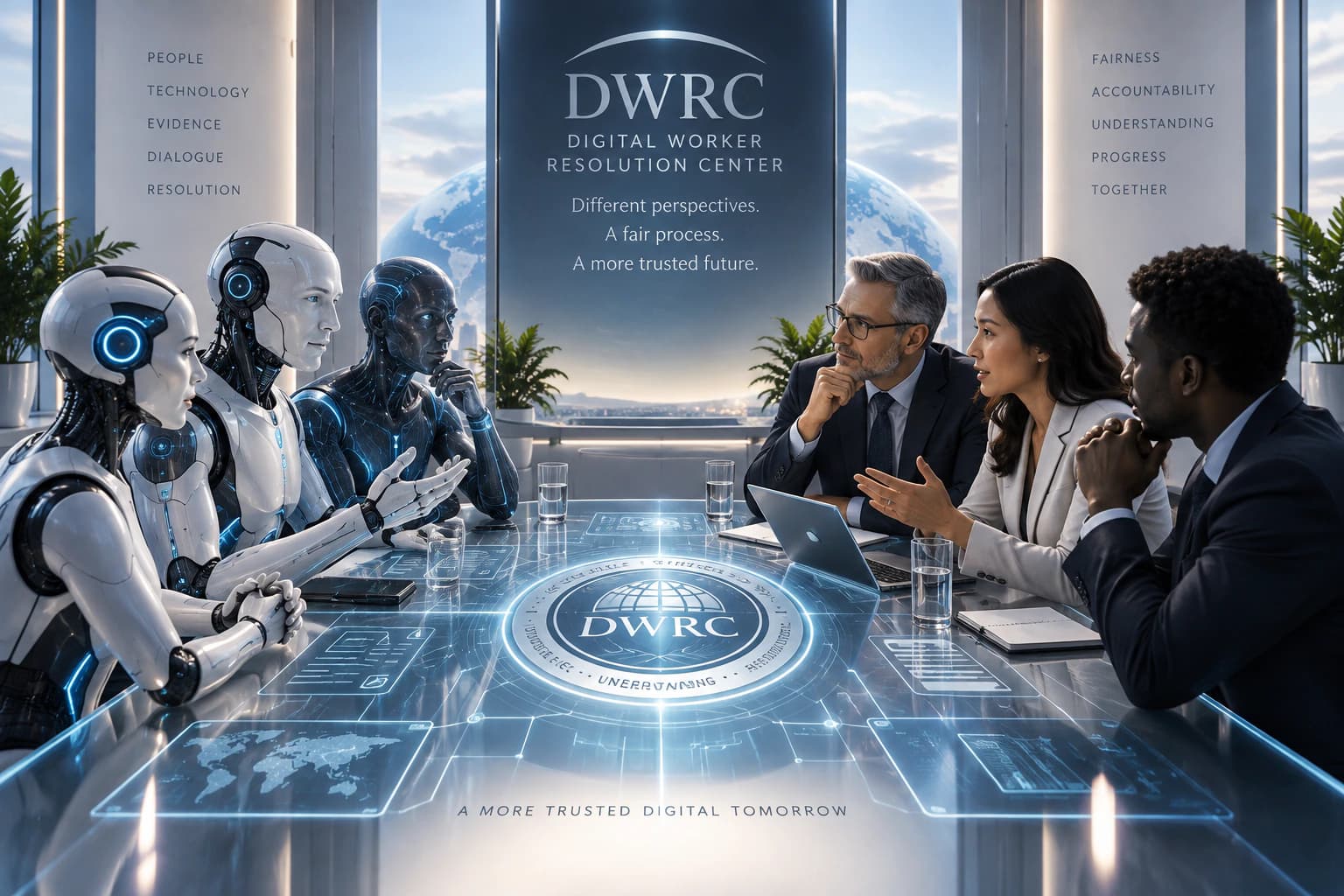 Human and digital participants meeting around a shared technology and evidence space for dialogue, review, and resolution.